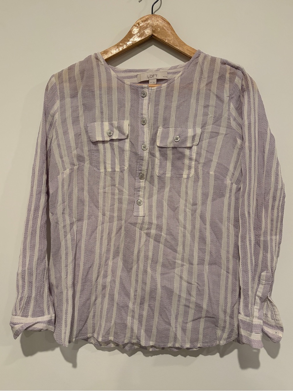 LOFT Size SP Purple Striped Henley Blouse Long Sleeve Cotton Button Top Petite